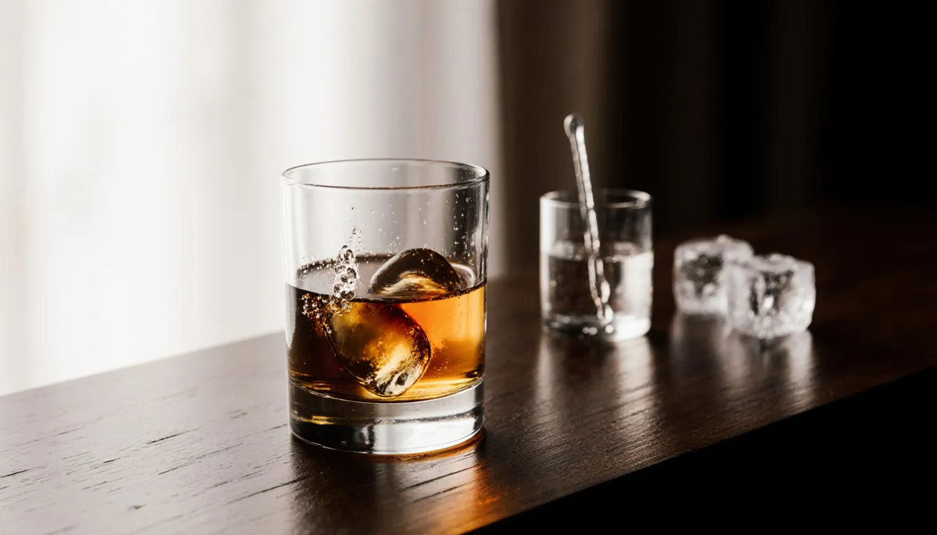 A glass of amber single malt scotch on a wood bar beside ice and a water dropper