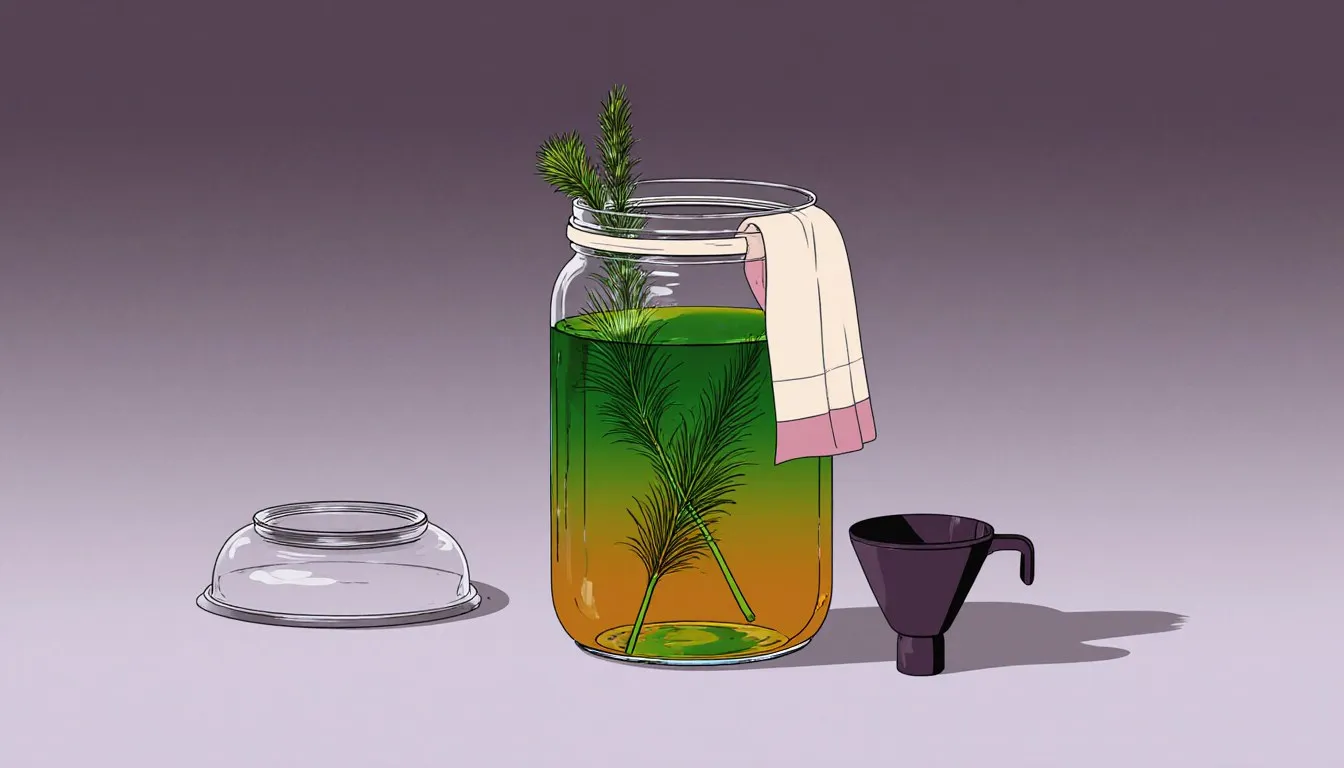 A jar of emerald-green absinthe steeping with wormwood and fennel, cheesecloth draped over a funnel beside it