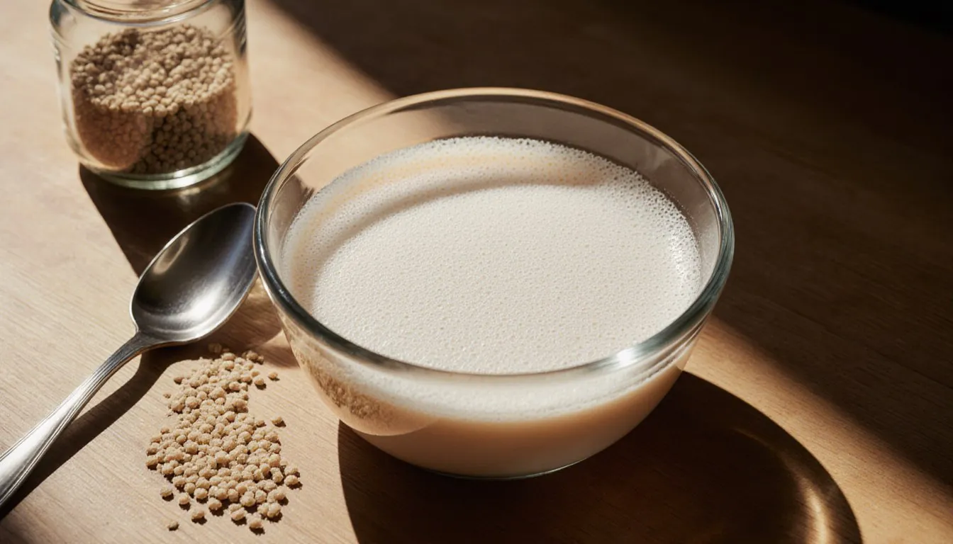 A bowl of dry yeast dissolved in warm water, foaming and bubbling as it activates on a kitchen counter