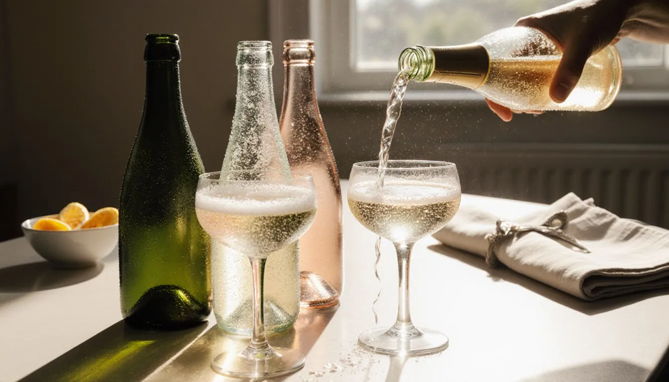 Three unlabeled sparkling wine bottles beside two glasses being poured with bubbles, set for a casual toast