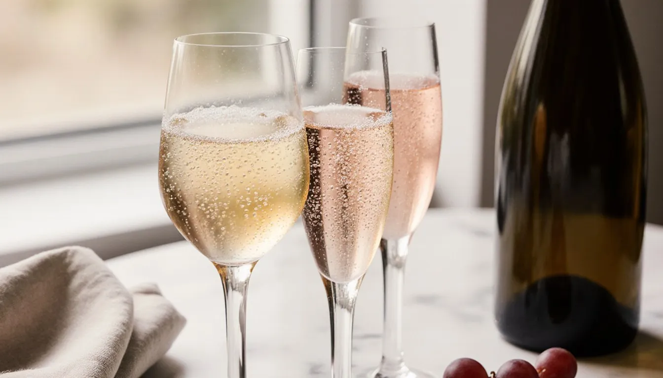 Three glasses of golden sparkling wine beside an unmarked bottle, showcasing affordable champagne alternatives