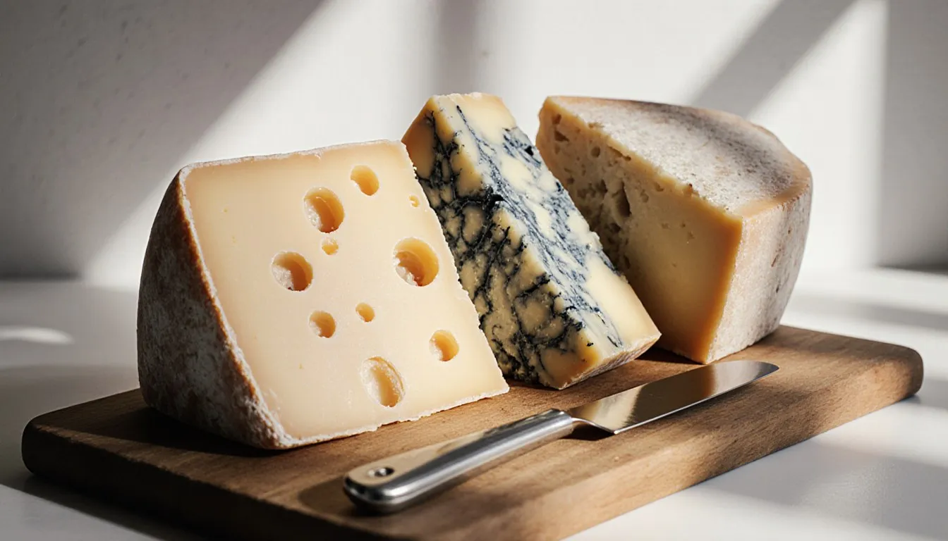 Three wedges of aged cheese, including a holey Swiss-style cheese and a blue-veined variety, on a wooden board