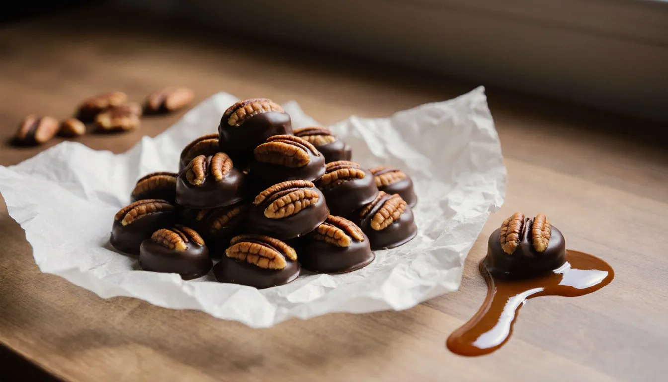 Chocolate-dipped pecan caramel candies made with a splash of rum, cooling on parchment paper