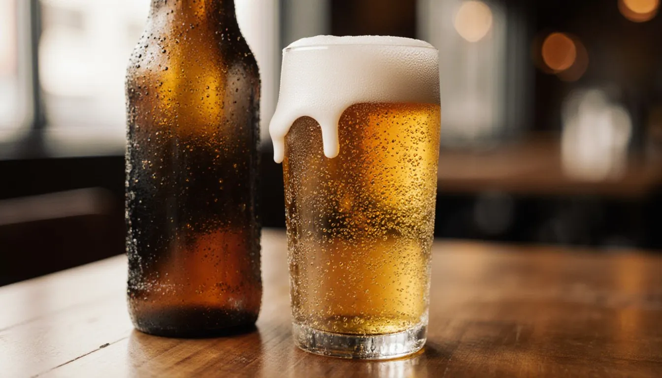 A frothy glass of golden beer beside a condensation-beaded bottle on a wooden bar