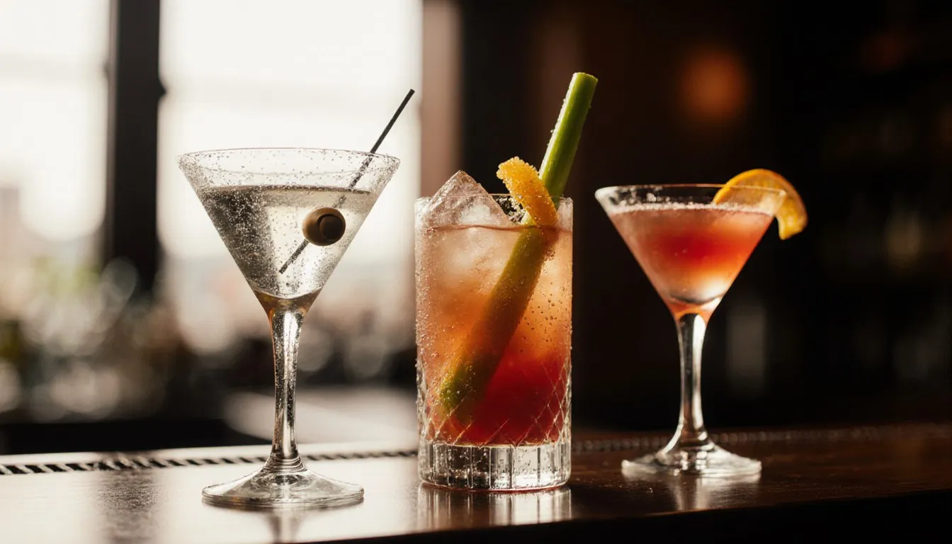 A Martini, Bloody Mary, and Cosmopolitan arranged together on a bar top