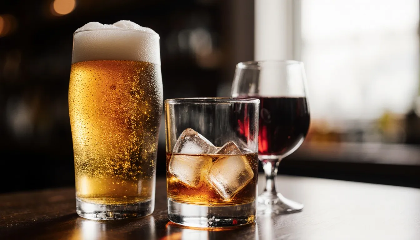 A glass of beer, a whiskey on ice, and a glass of red wine grouped together on a bar