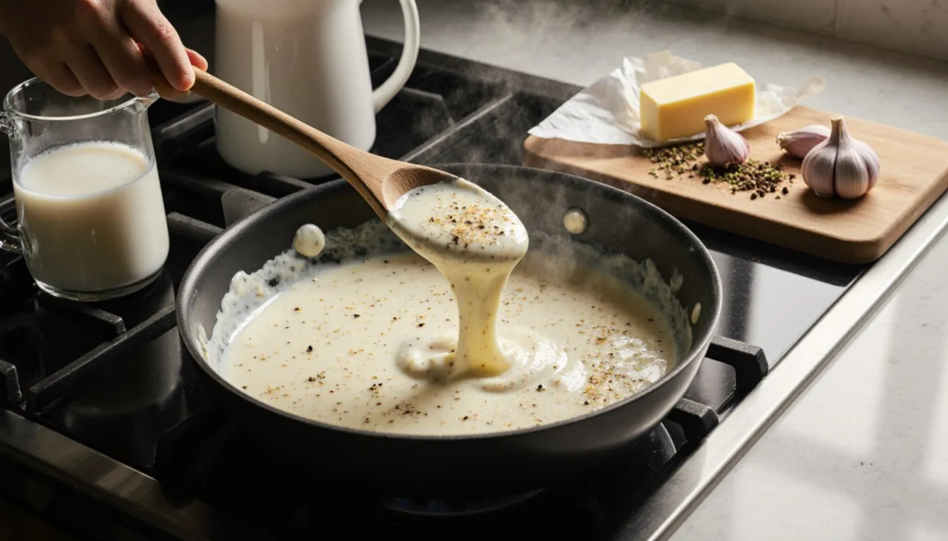Creamy Alfredo sauce simmering in a skillet with butter, milk, and garlic cloves nearby