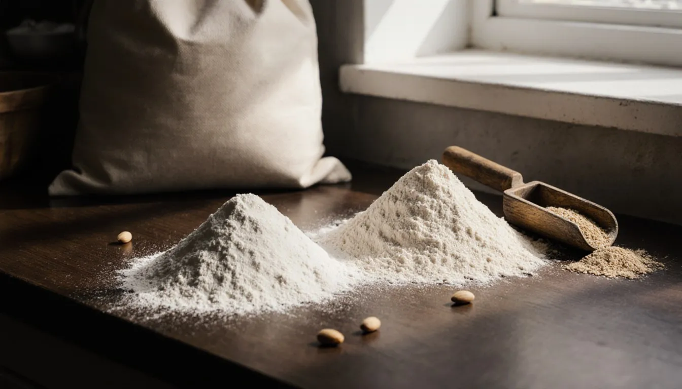 Two mounds of flour with slightly different textures sit side by side on a wooden countertop with a scoop