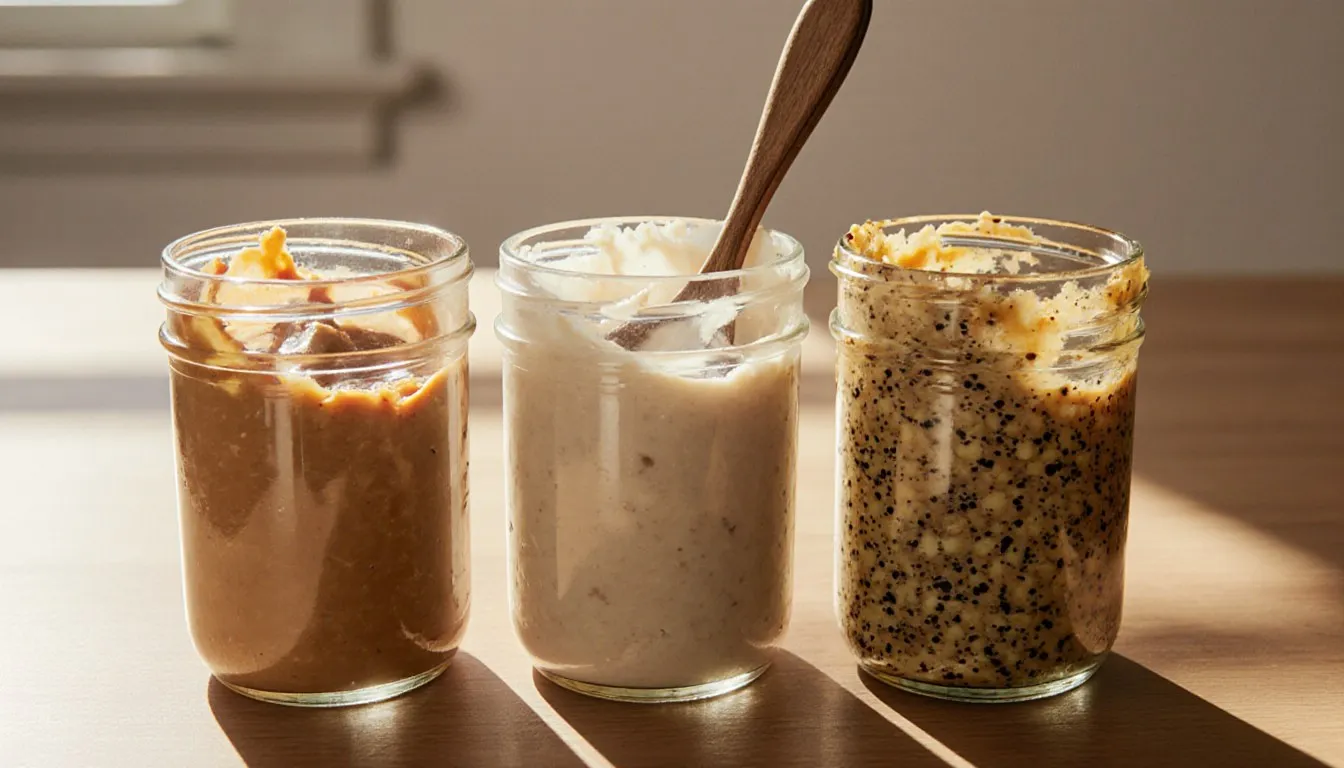 Open jars of peanut butter, cashew butter, and sunflower seed butter as almond butter substitutes