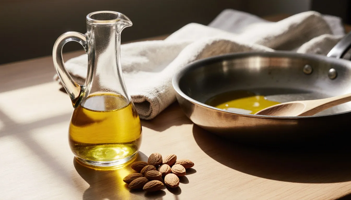 A cruet of golden almond oil beside raw almonds and a sauté pan on a kitchen counter
