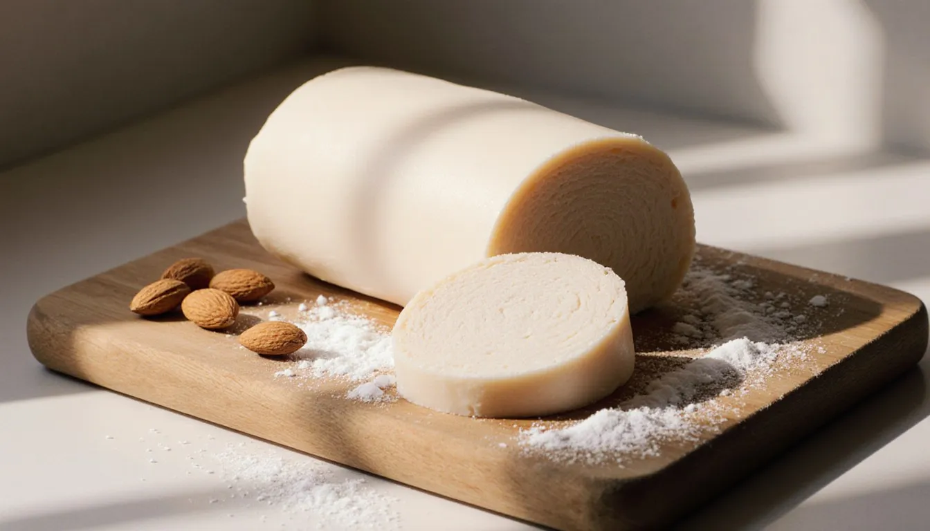 A soft roll of homemade almond paste on a wooden board with blanched almonds and powdered sugar
