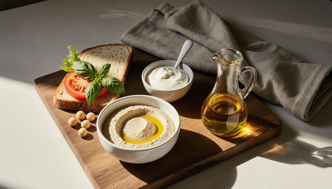 Bowls of hummus, sour cream, and olive oil arranged beside a sandwich as mayonnaise substitutes