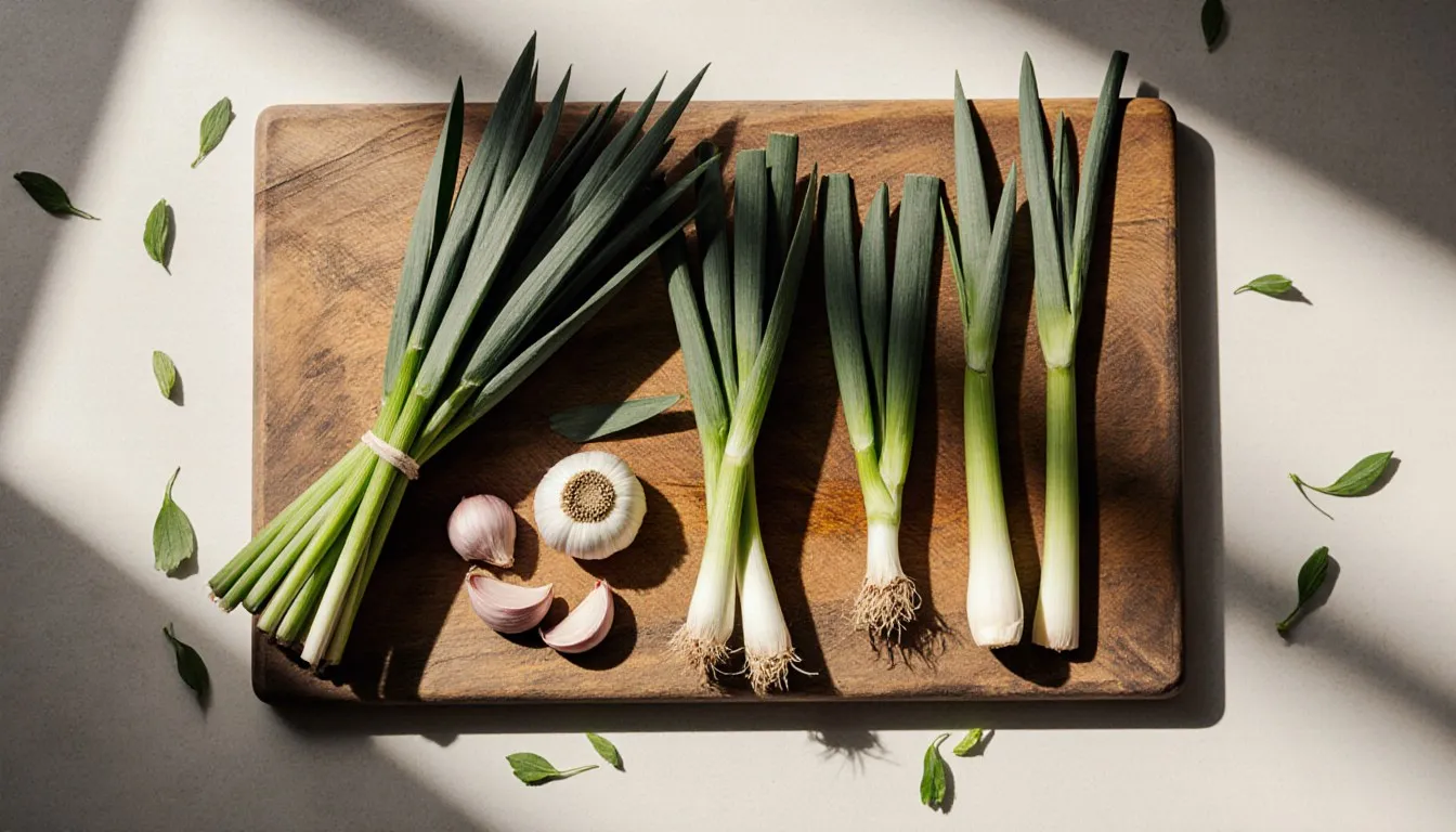 Chives, garlic chives, garlic cloves, green garlic, and scallions arranged on a wooden board as garlic scape substitutes