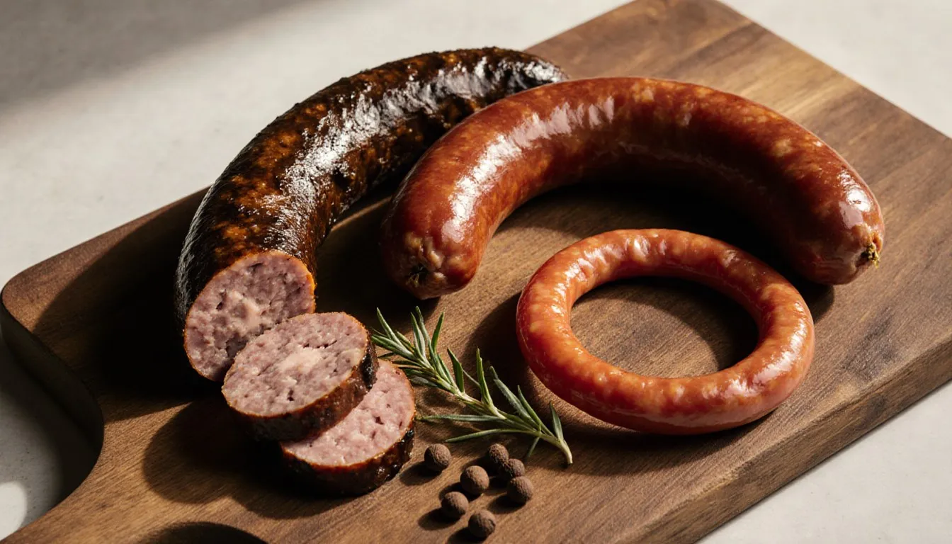 Sliced andouille, kielbasa, and Spanish chorizo arranged on a wooden board as linguiça substitutes