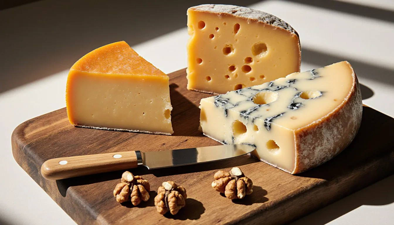 Wedges of Gouda, cheddar, Gruyère, and Emmental cheese arranged on a wooden board as Edam substitutes