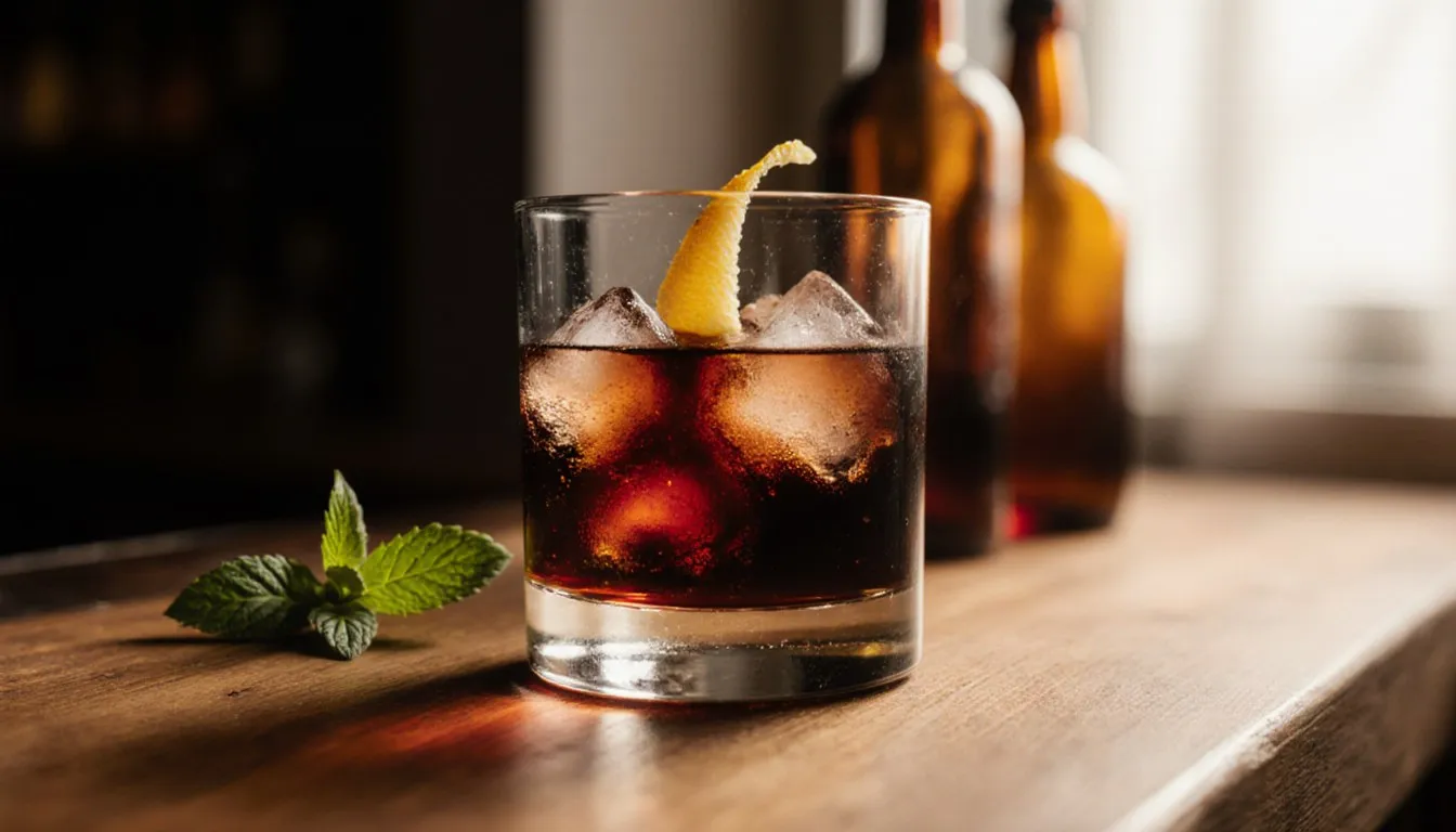 A glass of dark herbal liqueur over ice beside unmarked amber bottles and mint, evoking Fernet Branca alternatives