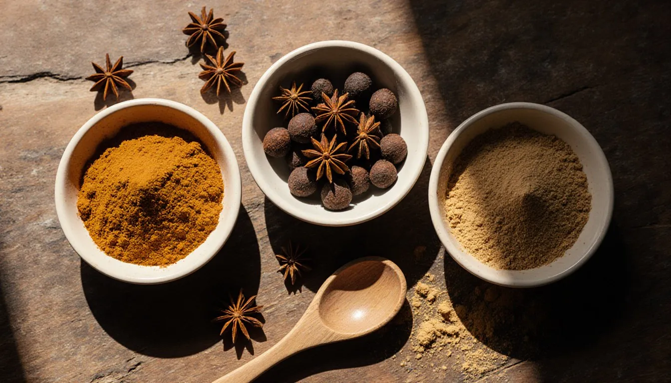 Bowls of curry powder, allspice berries, and chaat masala as substitutes for garam masala