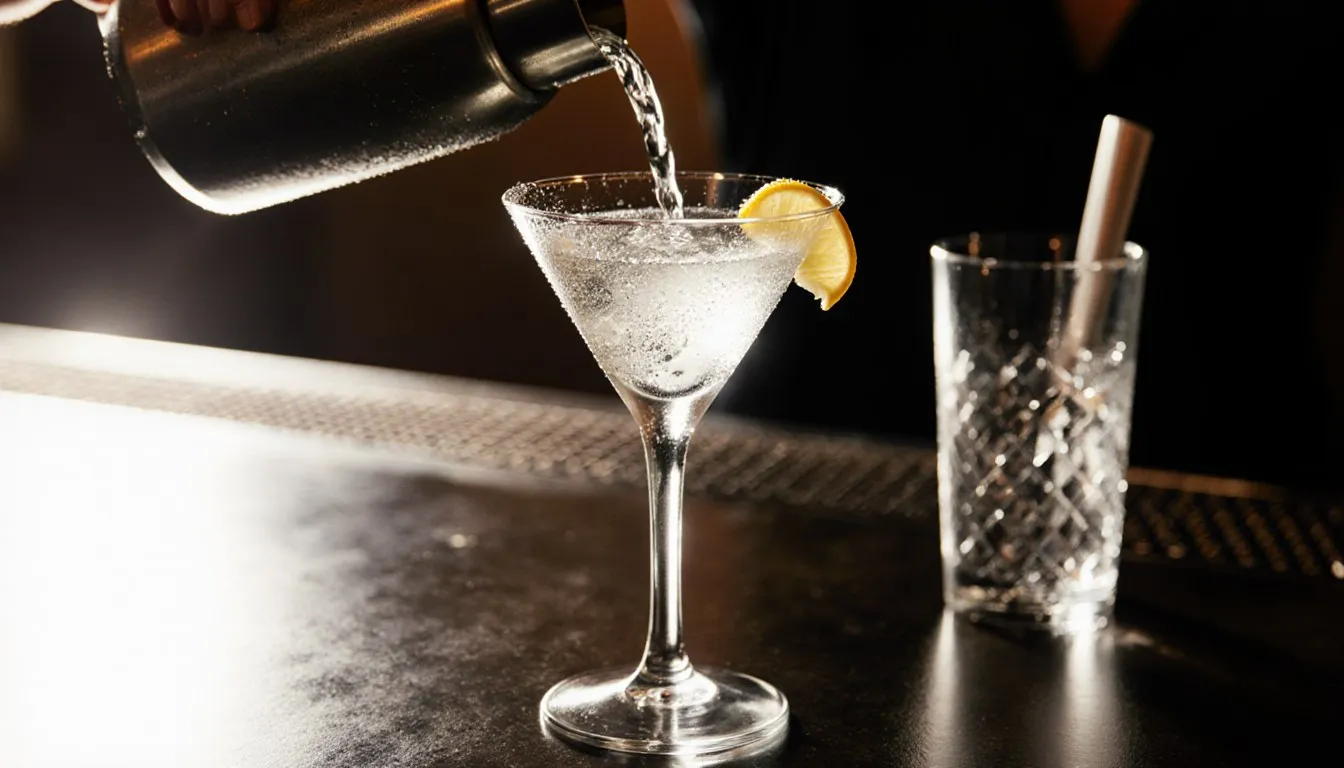 A martini being poured into a glass with a lemon twist on a dim bar counter, evoking classic movie-inspired cocktails