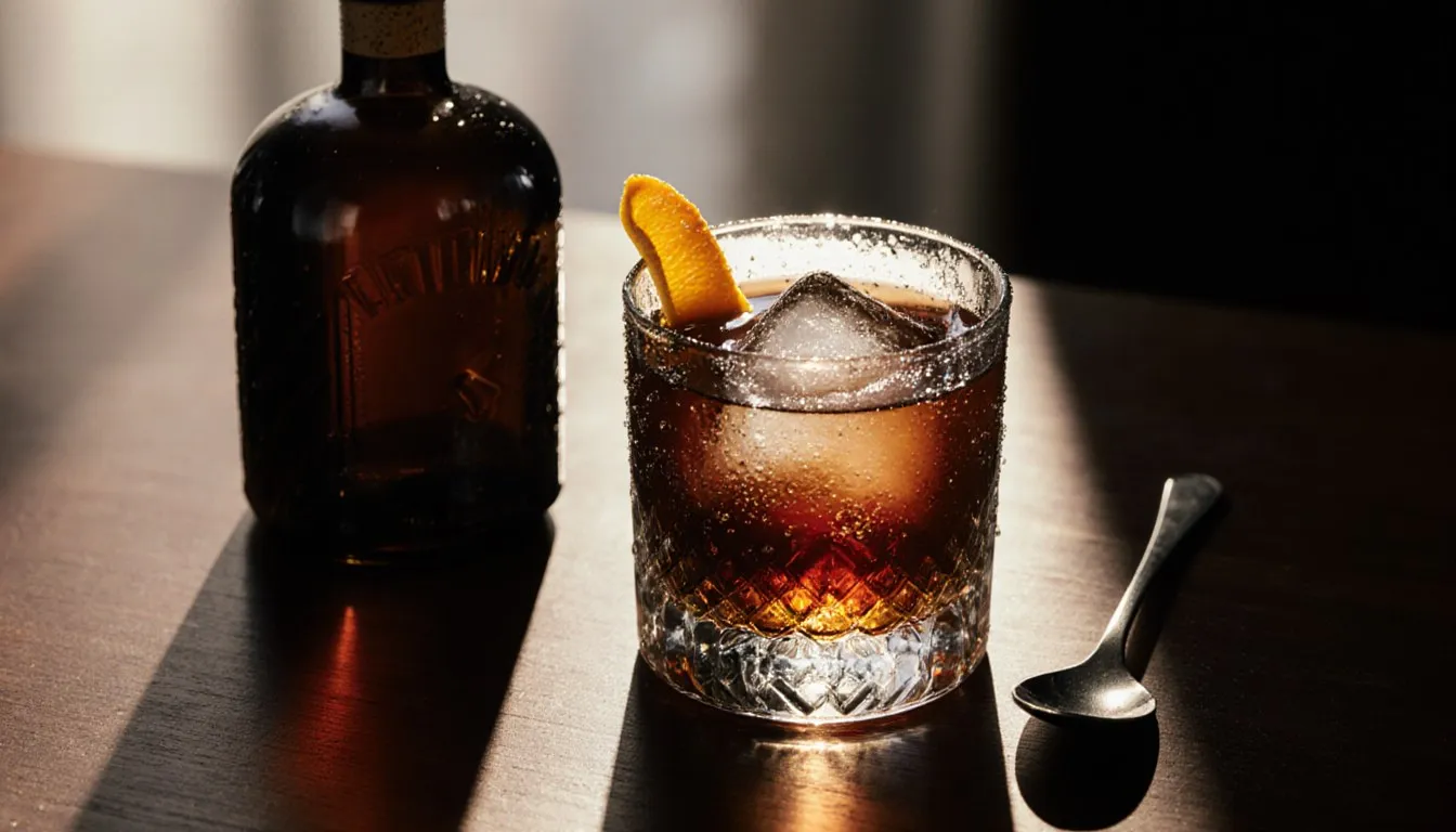 A dark amber Fernet Branca cocktail with an orange twist beside an unmarked bottle on a bar counter