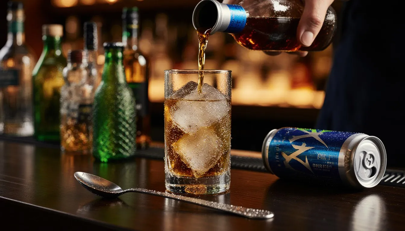 A highball glass of trash can cocktail being poured over ice alongside mini liquor bottles and an energy drink can