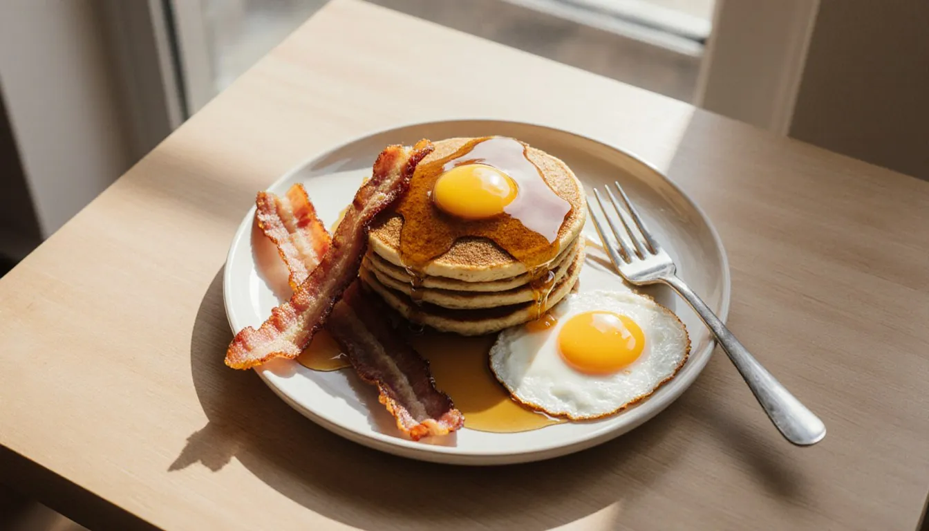 A stack of pancakes with syrup, bacon strips, and a fried egg on a plate, a classic American breakfast.