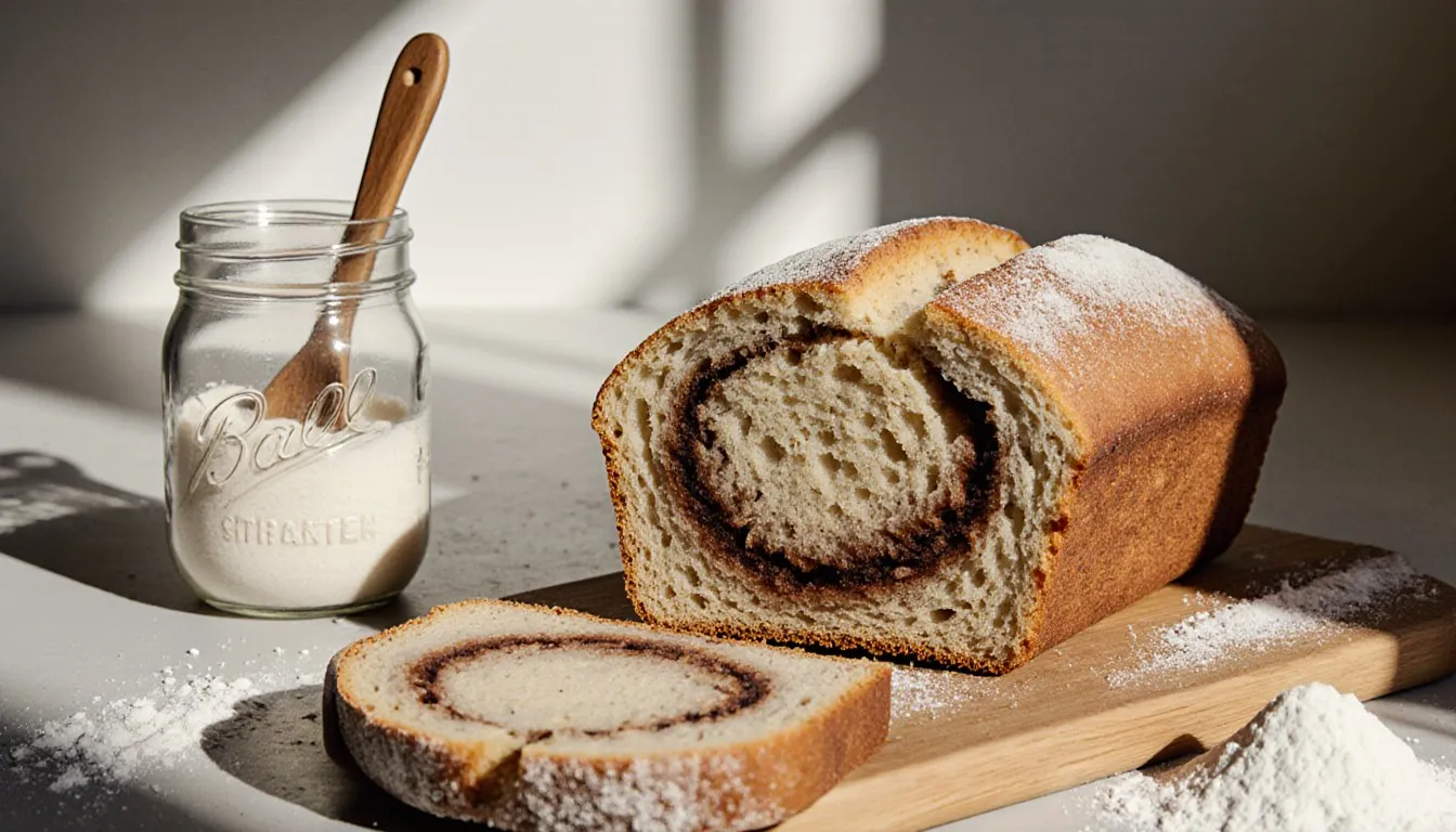 Sliced Amish friendship bread loaf beside a jar of bubbly starter on a kitchen counter