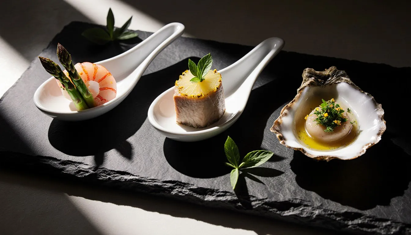 Amuse bouche spoons with shrimp and asparagus, foie gras and pineapple, and an oyster with mignonette