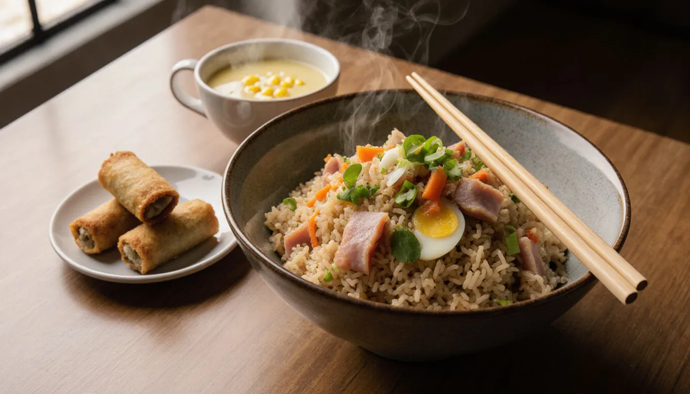 A bowl of Chinese fried rice with ham and egg, golden spring rolls, and a cup of creamy corn soup