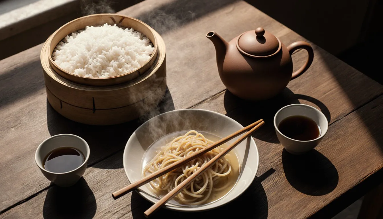Bamboo steamer of rice, a clay teapot, and a bowl of noodles arranged on a wooden table