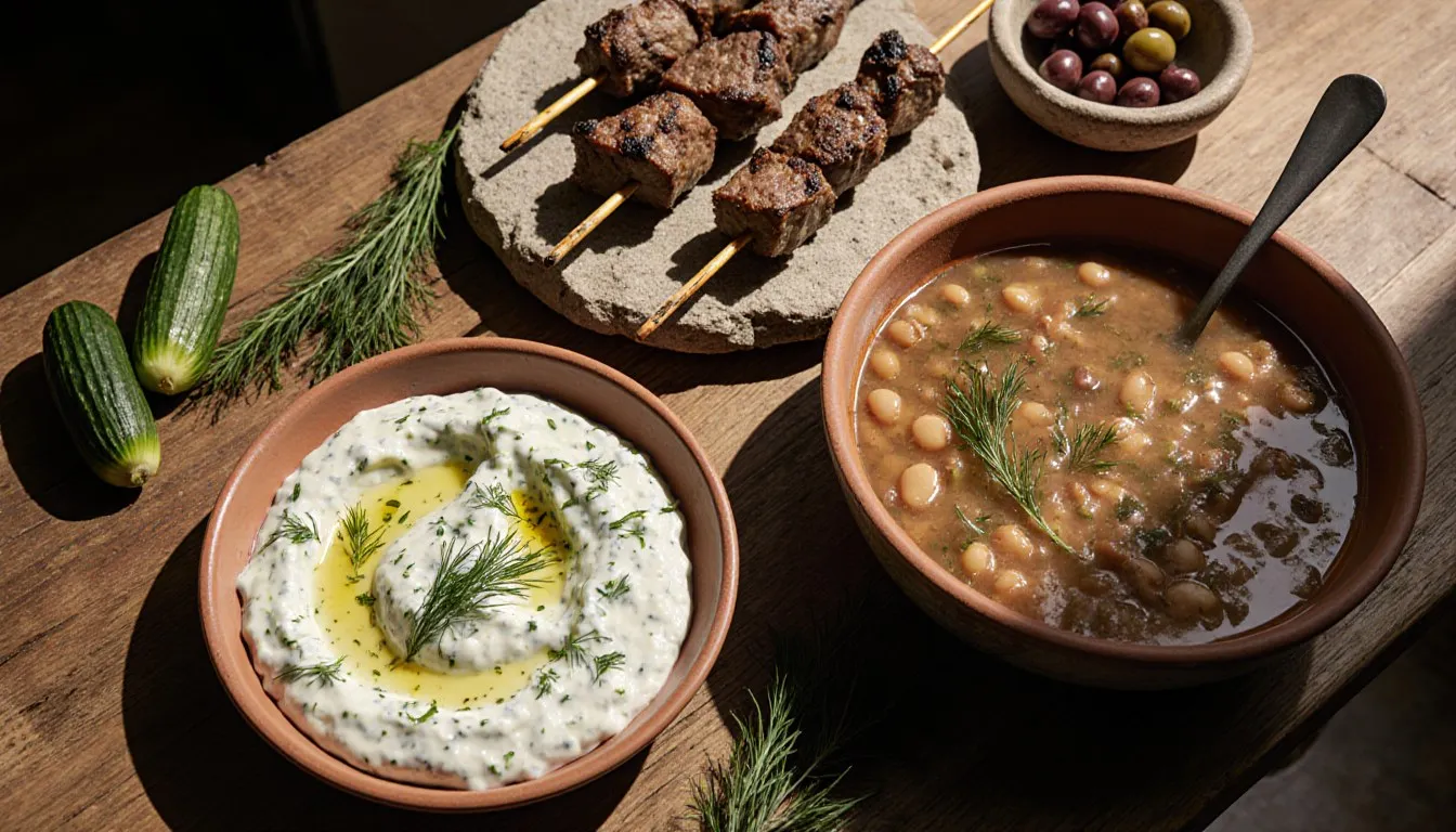 A rustic table with tzatziki, grilled lamb skewers, and bean soup styled as ancient Greek dishes