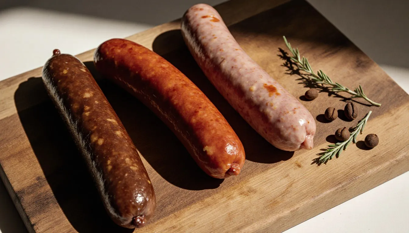 Andouille sausage beside chorizo and kielbasa links on a wooden board, showing substitute options