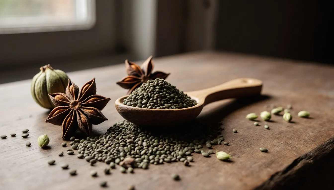 Anise seeds, star anise pods, and caraway seeds arranged together as flavor substitutes