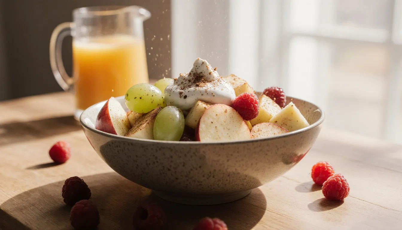 A bowl of apple fruit salad with sliced apples, banana, grapes, and Greek yogurt, surrounded by cranberries and raspberries.