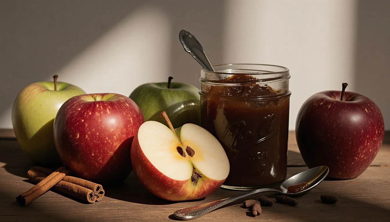 Assorted apple varieties beside a jar of homemade spiced apple butter with cinnamon and cloves
