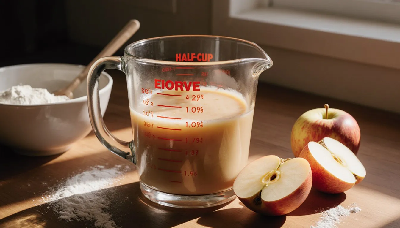 A measuring cup of applesauce beside whole eggs and cake batter, illustrating the baking egg substitute swap