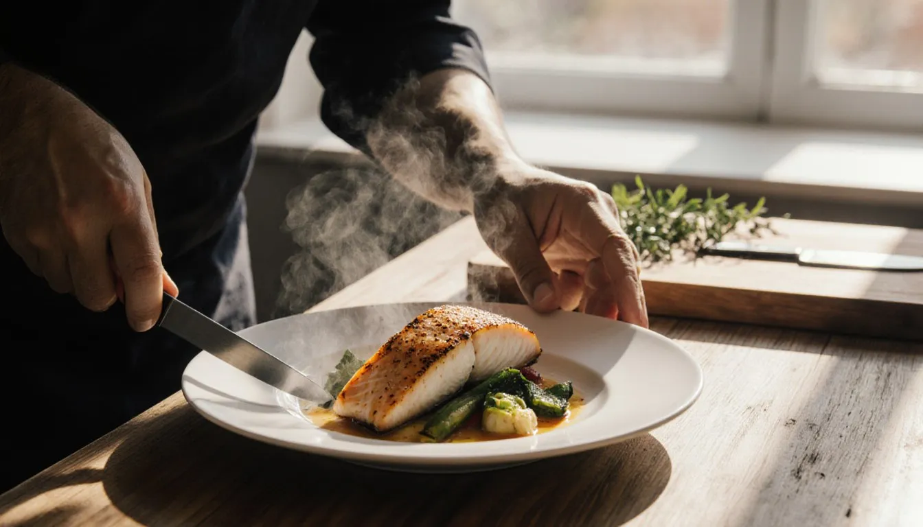 A man's hands carefully plating a home-cooked dish on a kitchen counter