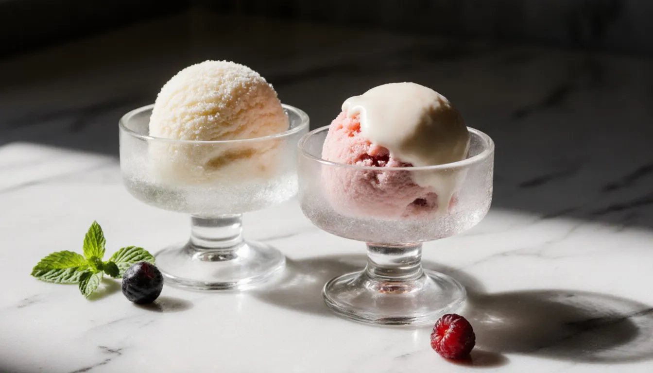 Two scoops of frozen fruit dessert in glass dishes, one icy sorbet and one creamier sherbet, side by side