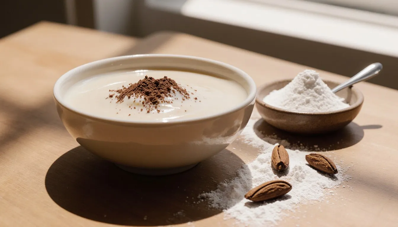 A bowl of glossy arrowroot pudding beside a dish of arrowroot powder, cardamom pods, and chocolate