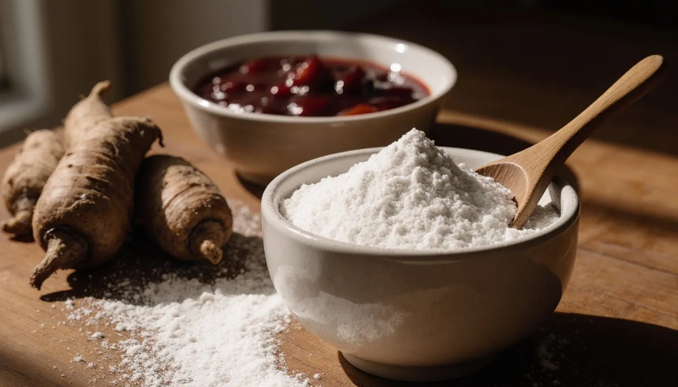 A bowl of white arrowroot powder with raw arrowroot root pieces and a wooden spoon on a kitchen counter.