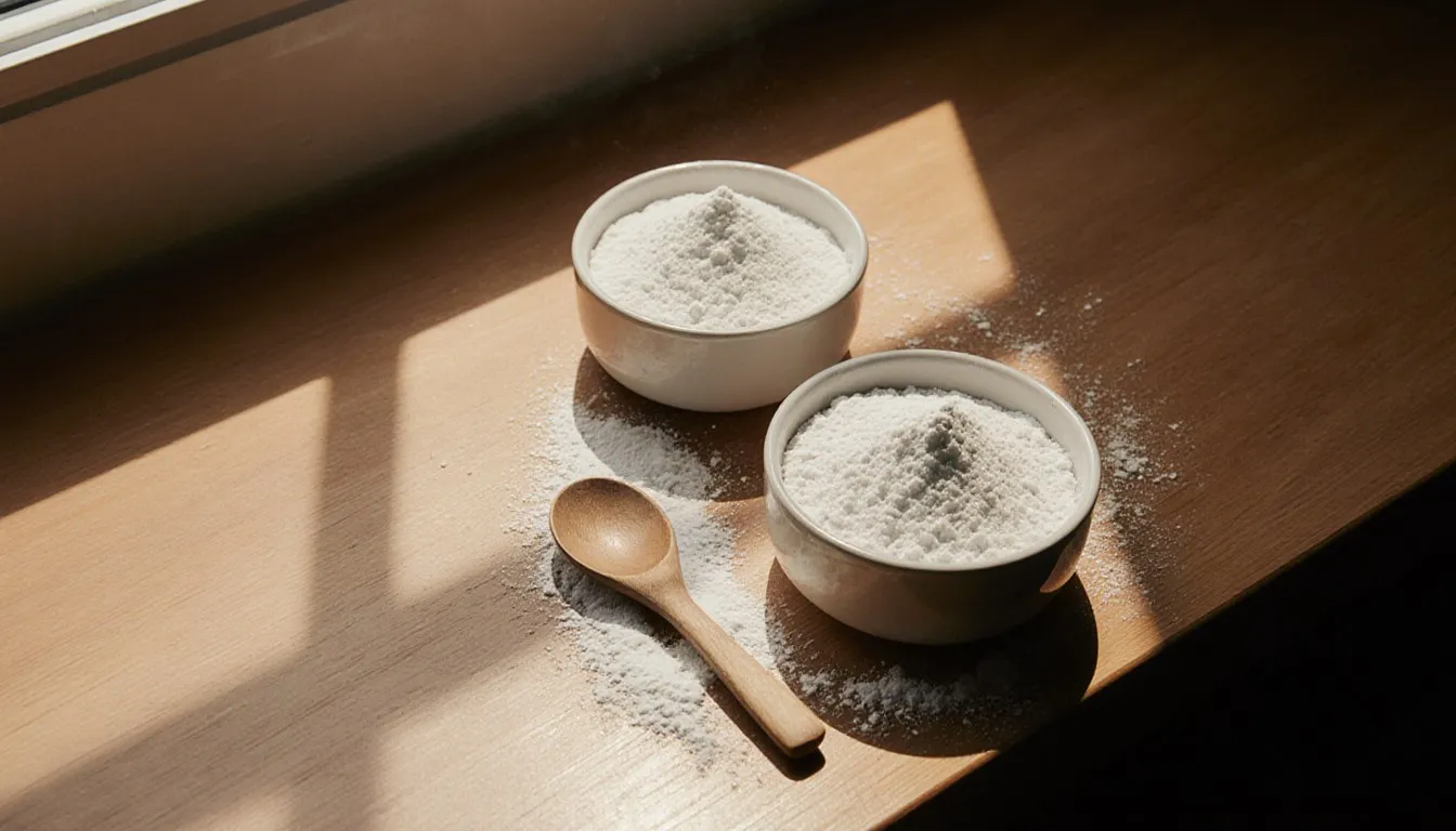 Two bowls of fine white thickening powder, arrowroot and cornstarch, side by side on a kitchen counter