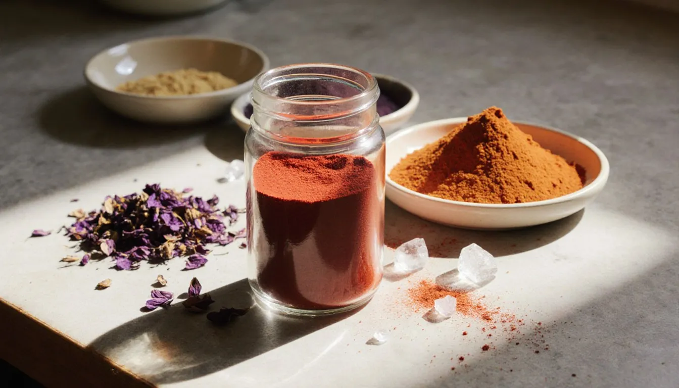 Small jars of vivid powdered food dyes and colorants arranged on a kitchen counter