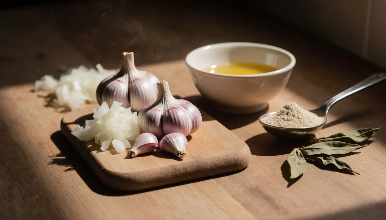 Garlic cloves, minced onion, and garlic powder arranged with ghee as asafoetida substitutes