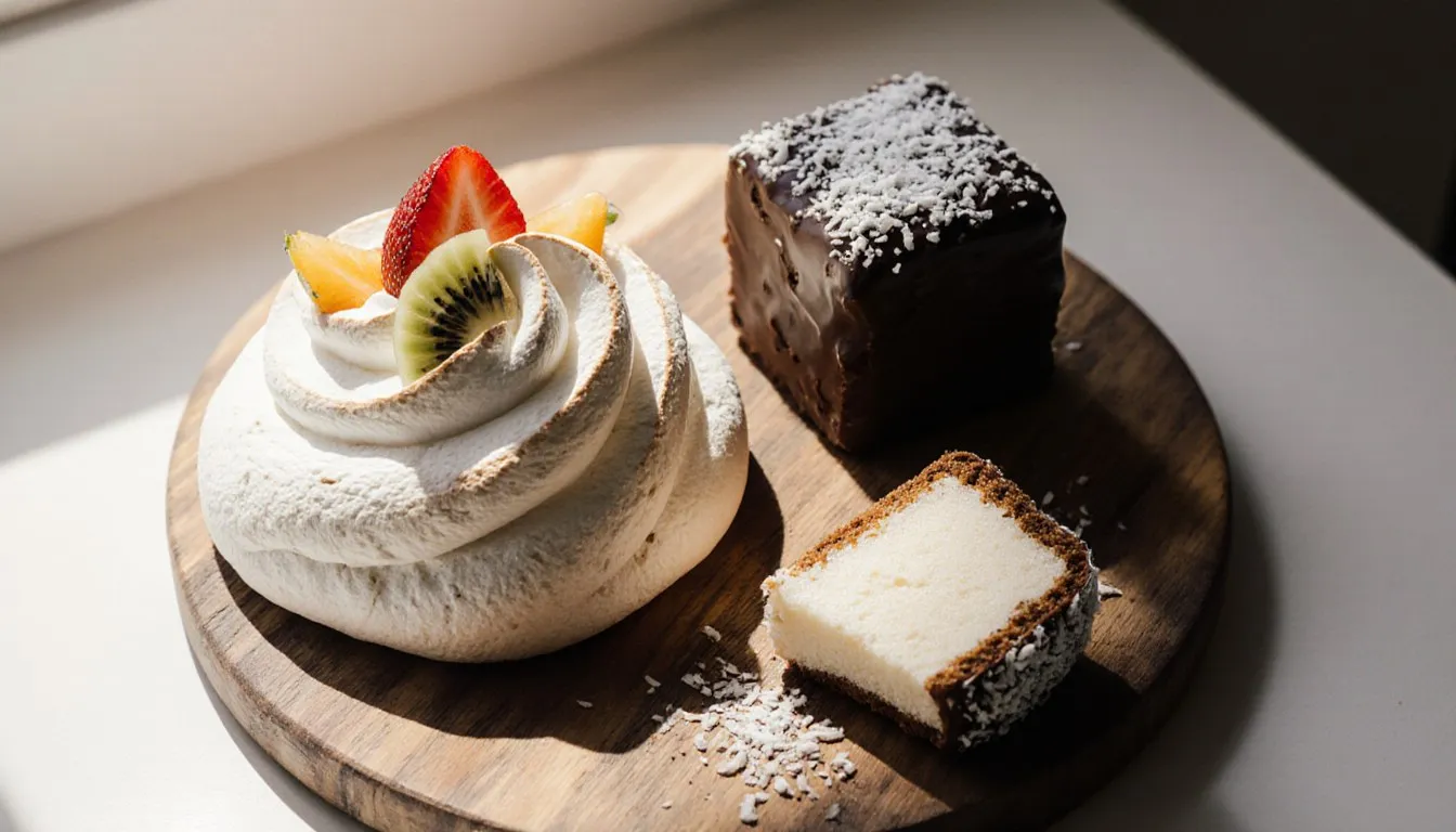 A pavlova topped with cream and fruit beside a coconut-coated lamington cake, both classic Australian desserts