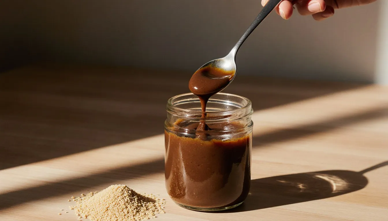 A spoonful of dark yeast extract paste beside a small mound of granular yeast on a wooden counter