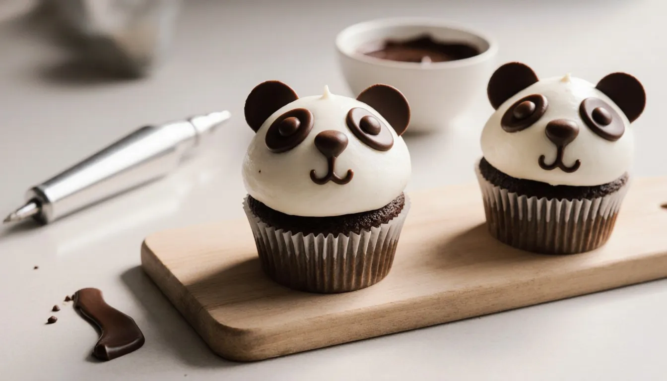 A frosted cupcake decorated to look like a panda face with chocolate ears and eyes, beside similar cupcakes on a wooden board