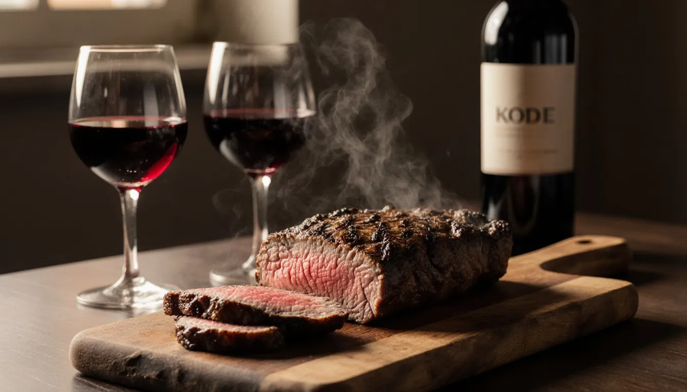 A seared steak on a wooden board beside two glasses of red wine