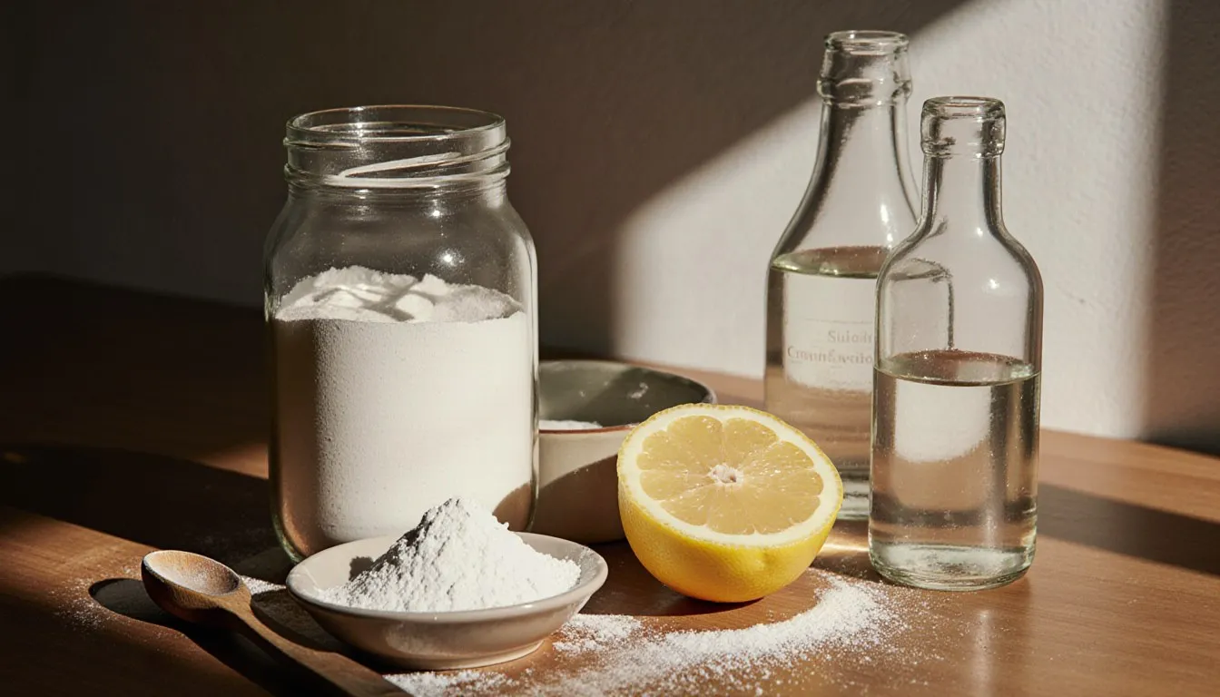 Baking soda, cream of tartar, a halved lemon, and vinegar arranged as baking powder substitutes
