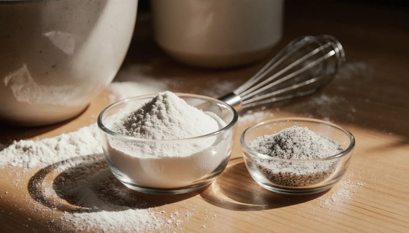 Small bowls of baking powder and potassium bicarbonate with salt beside a mixing bowl, common baking soda substitutes