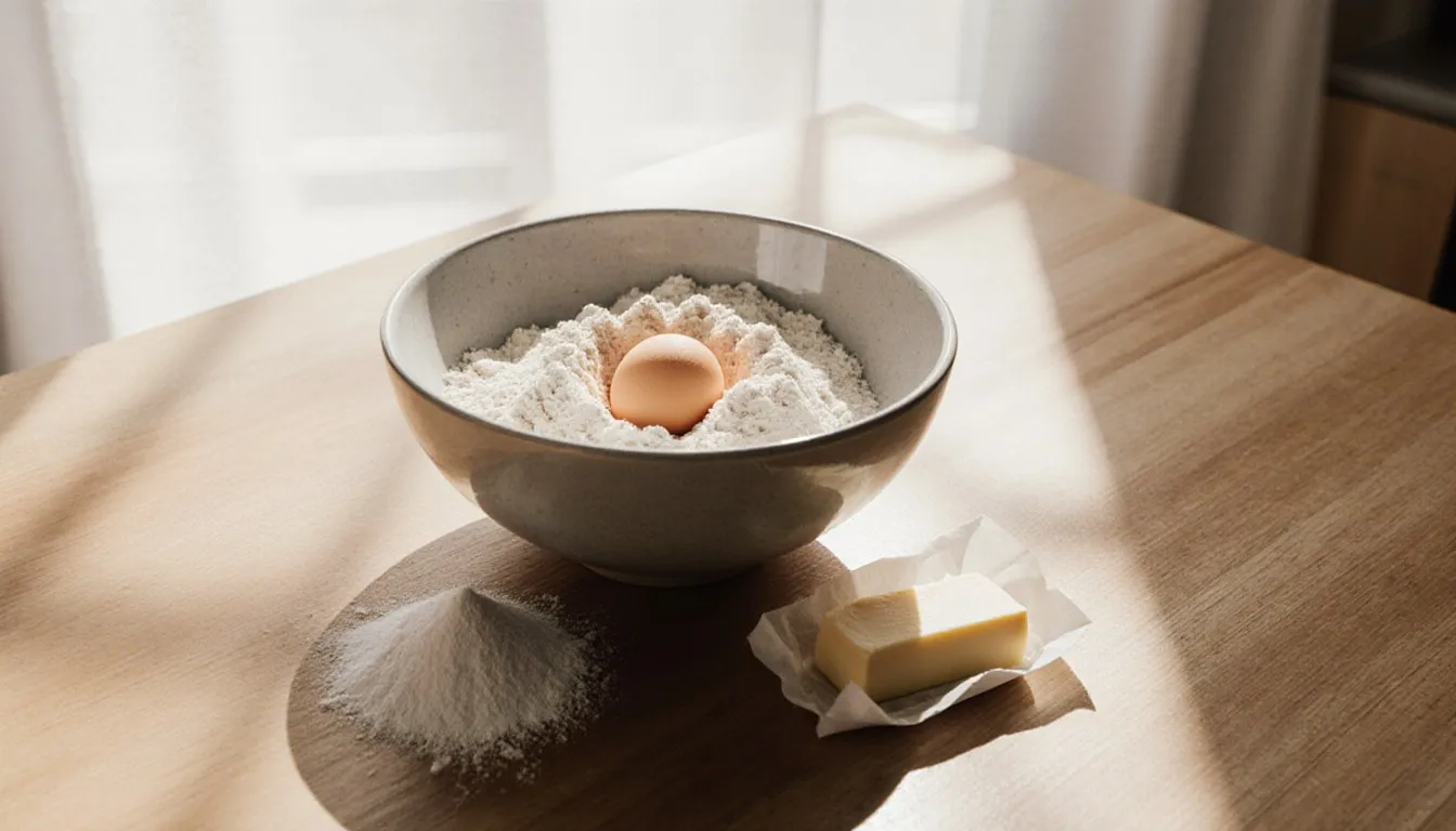 A mixing bowl of flour with an egg, a stick of butter, and sugar on a sunlit wooden counter.