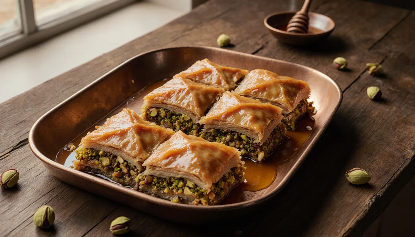 A tray of freshly baked baklava cut into diamonds, its layers of phyllo, nuts, and honey syrup visible